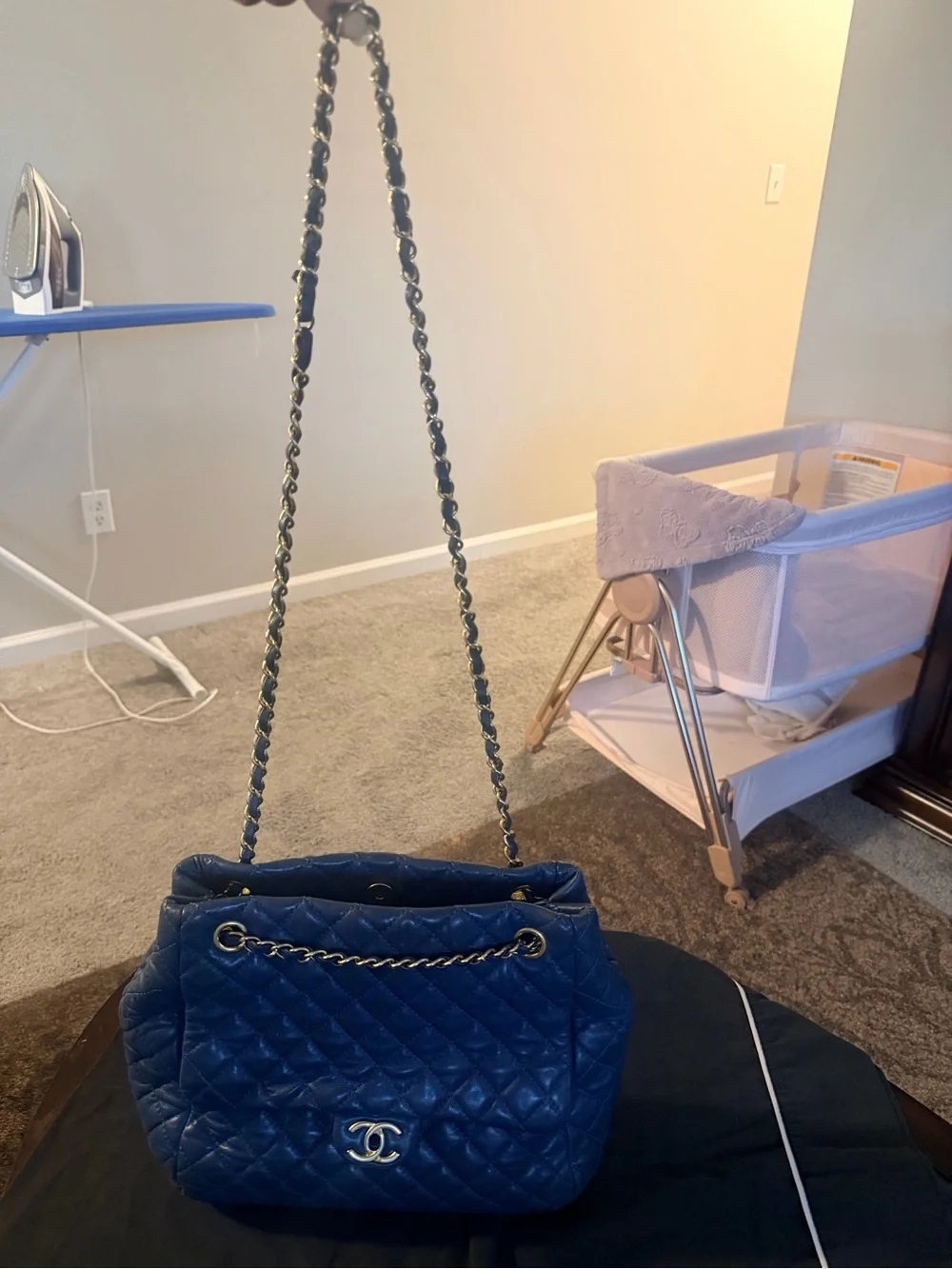 CHANEL Quilted Shoulder and Crossbody Bag in Navy Blue with Gold Hardware